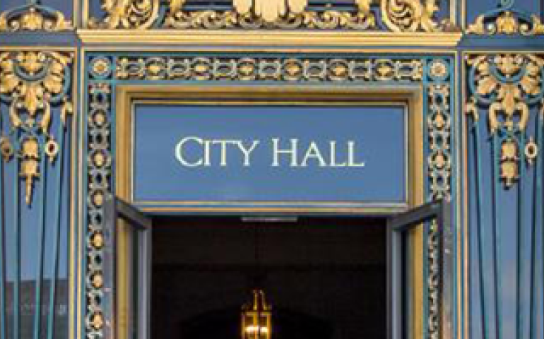 City Hall entrance and steps facing the Civic Center park.